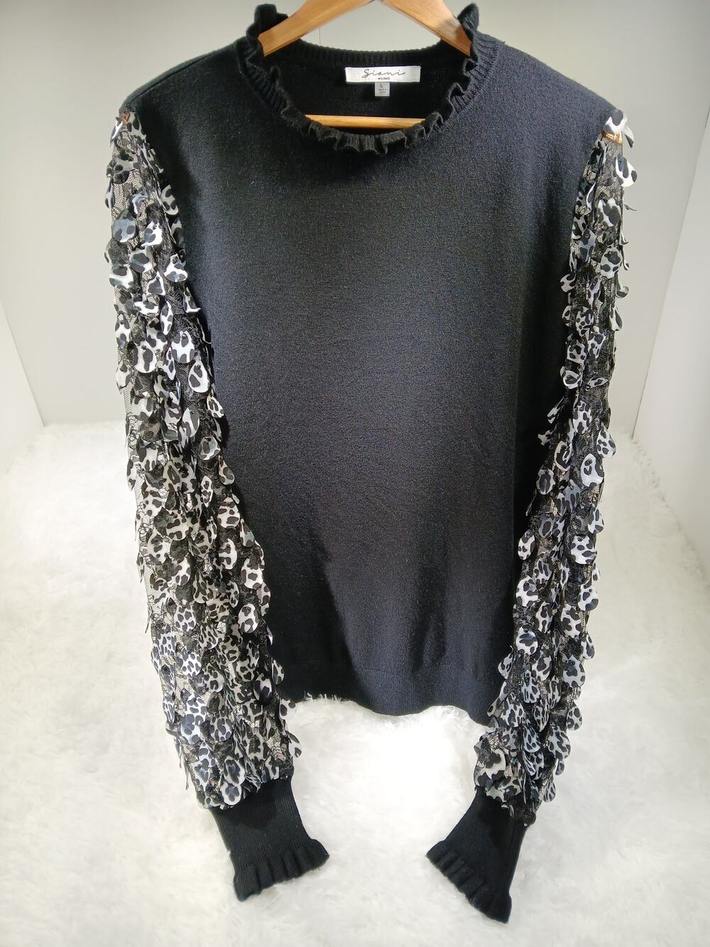 Sioni Milano Sheer Leopard Sleeve Ruffle Mock Neck Sweater - Large
